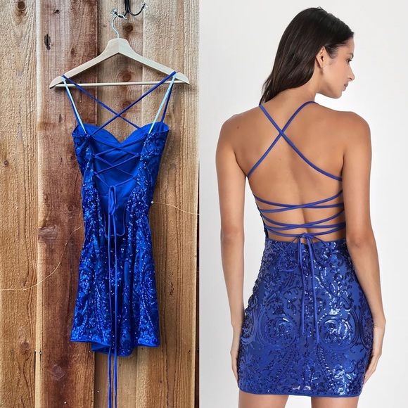 Cobalt Blue Sparkly Sequin Lace-Up Mini Dress 🌿 - Picture 3 of 10